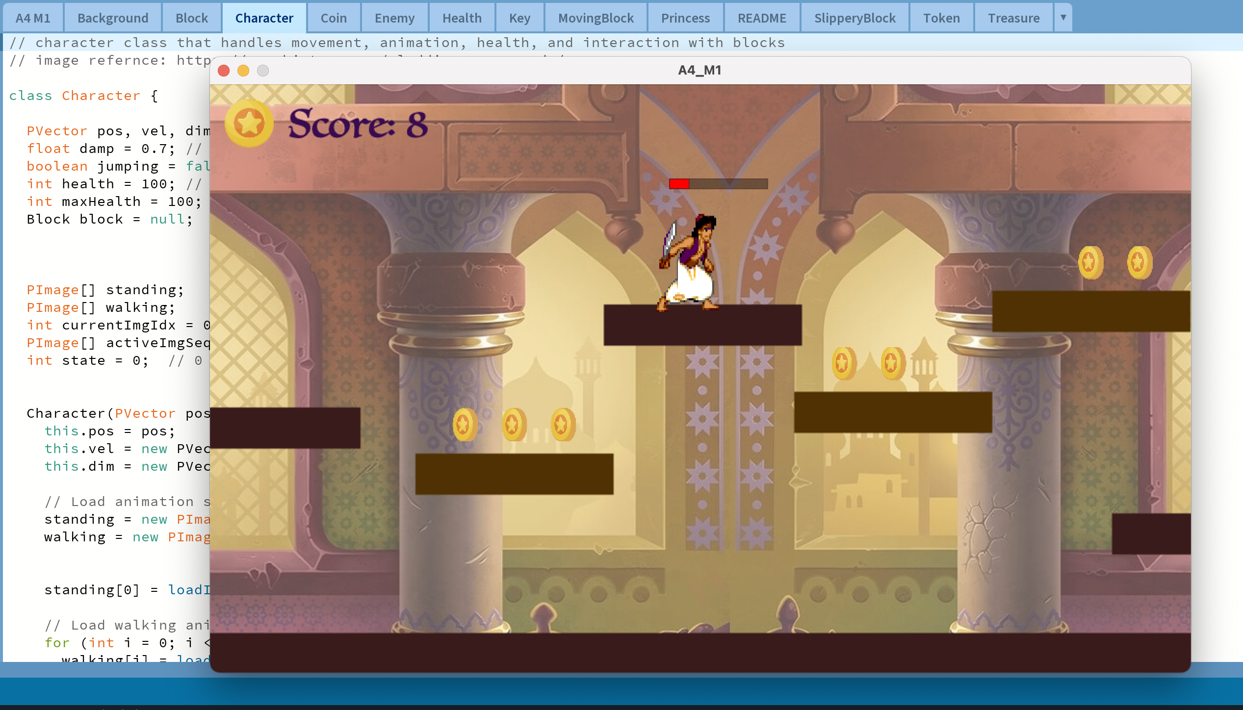 Gameplay screenshot of Aladdin jumping across platforms and collecting coins