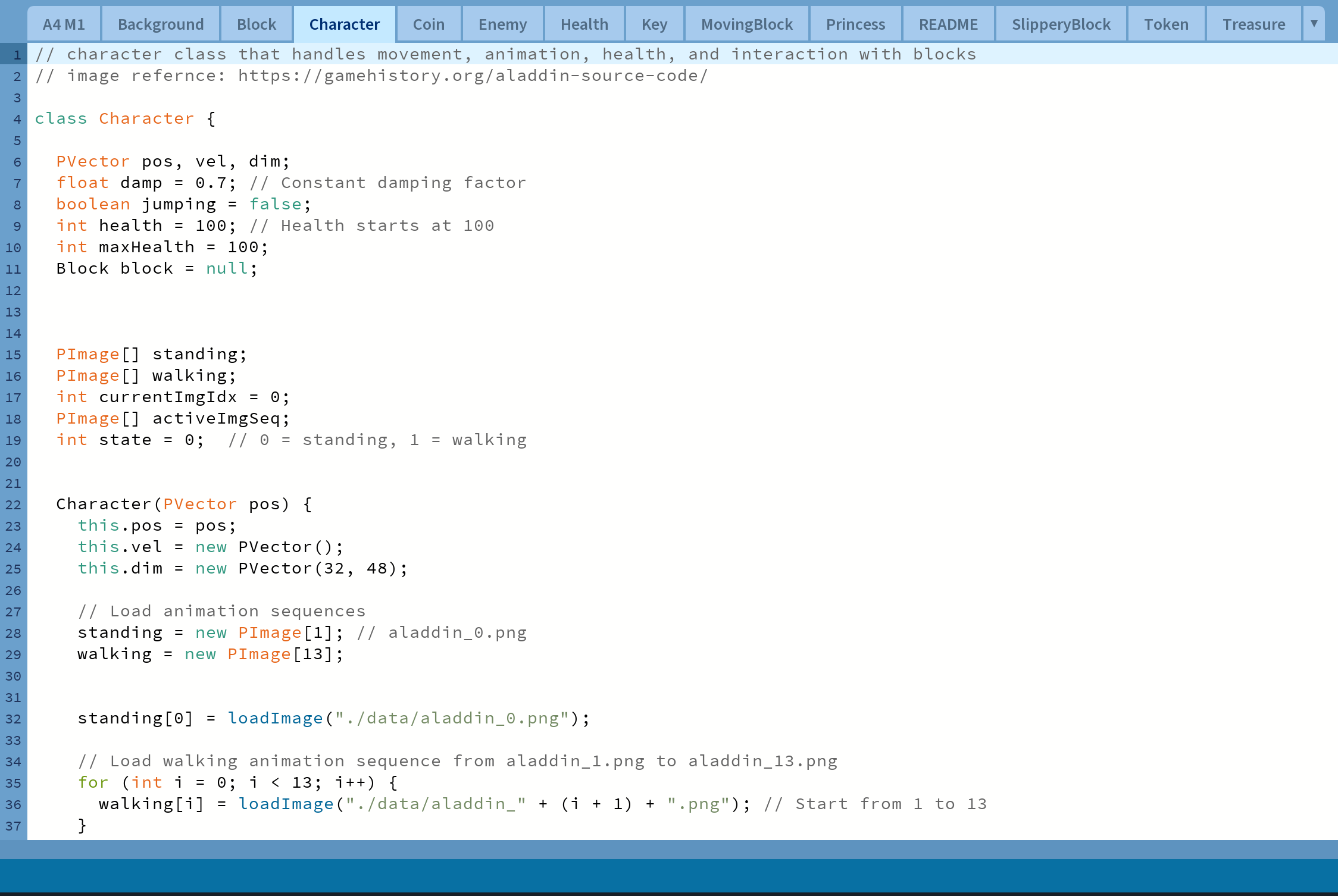 Processing / Java code screenshot showing Character class and animation sequence